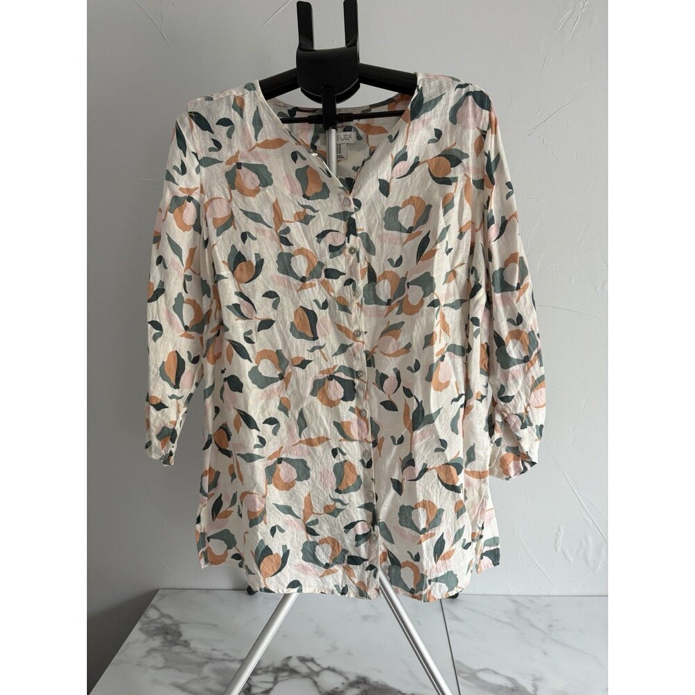 Rachel Zoe 100% Linen Multicolor Floral Button Down Tunic Roll Tab Sleeves 1X